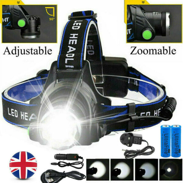 T6 Headlamp Rechargeable 350000LM LED Zoom Headlight Head Torch USB Line - Image 10