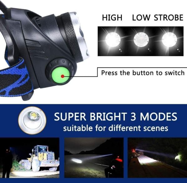T6 Headlamp Rechargeable 350000LM LED Zoom Headlight Head Torch USB Line - Image 8